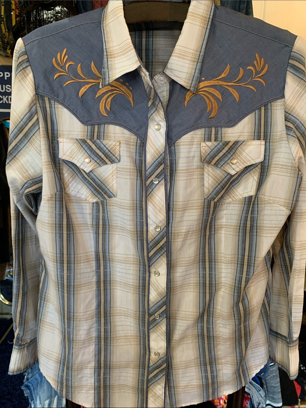 Ely Cattleman Blue and Tan Plaid Western Button-Down Shirt with Embroidered Yoke